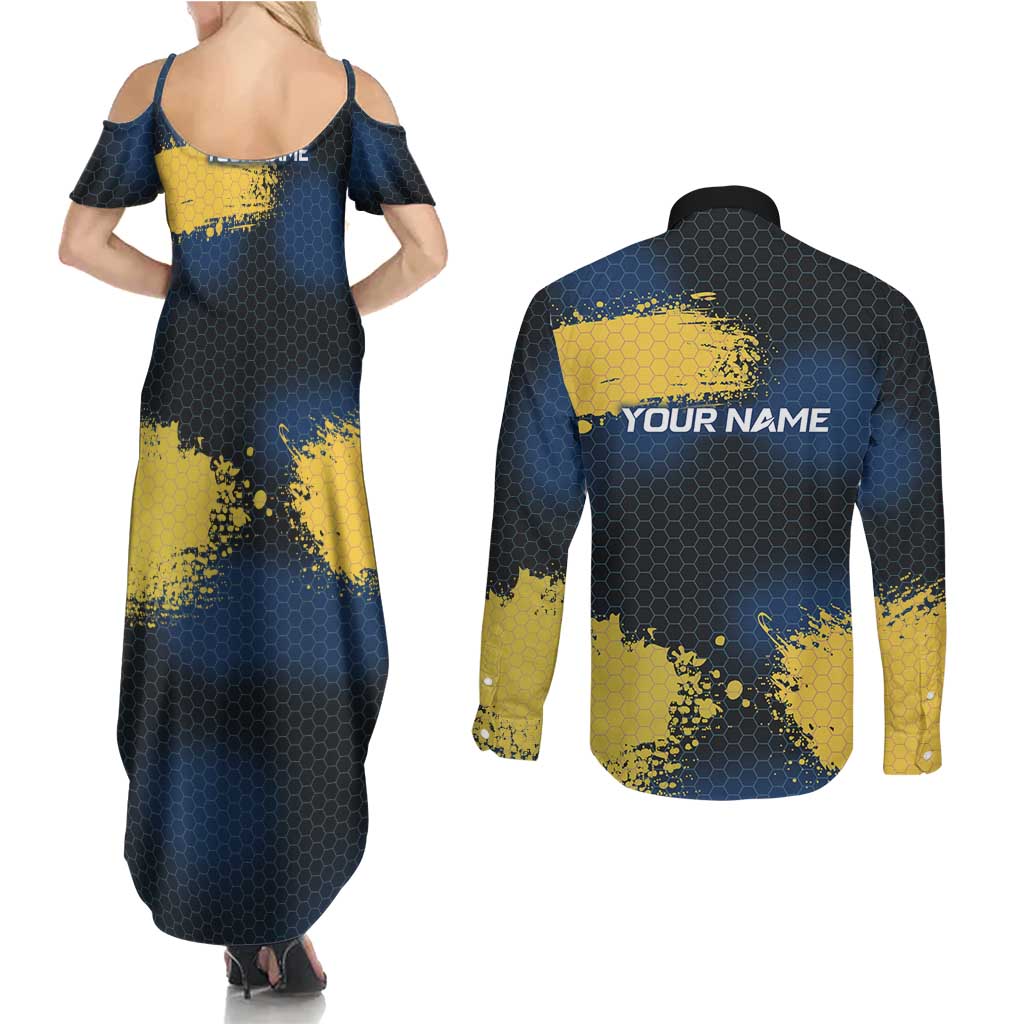 Custom Camo Redfish Couples Matching Summer Maxi Dress and Long Sleeve Button Shirt with Colorful Fish Design, Yellow Splatter Pattern - Wonder Print Shop