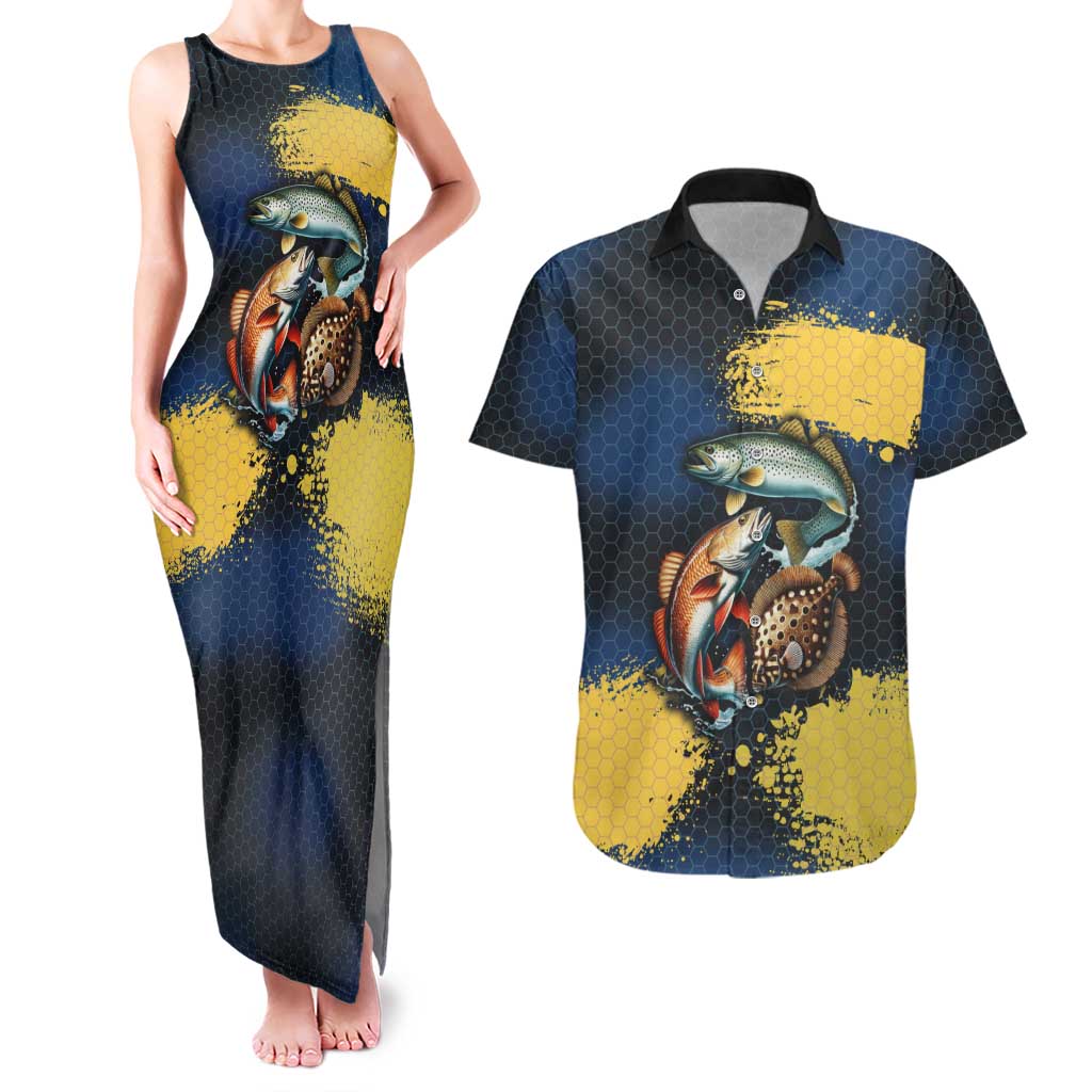 Custom Camo Redfish Couples Matching Tank Maxi Dress and Hawaiian Shirt with Colorful Fish Design, Yellow Splatter Pattern - Wonder Print Shop