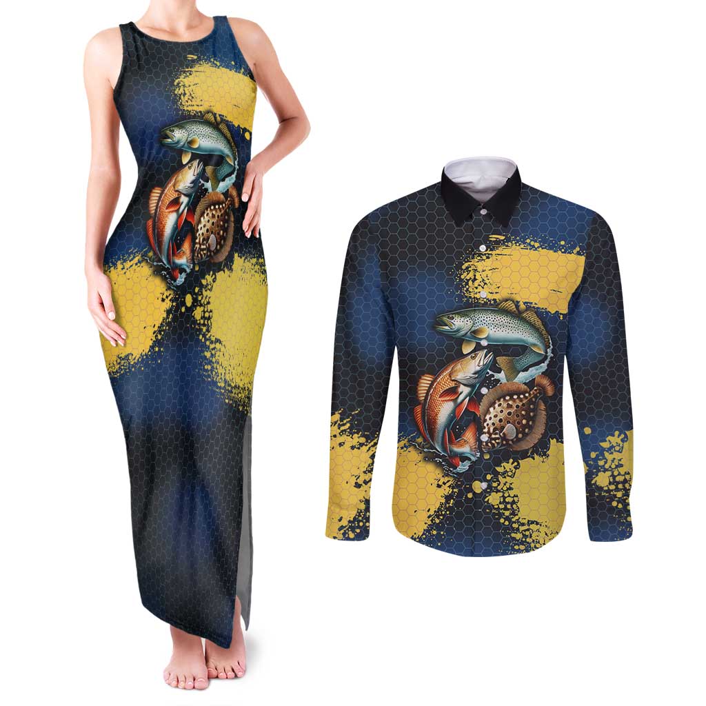 Custom Camo Redfish Couples Matching Tank Maxi Dress and Long Sleeve Button Shirt with Colorful Fish Design, Yellow Splatter Pattern - Wonder Print Shop