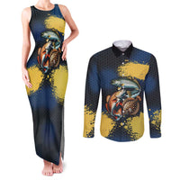 Custom Camo Redfish Couples Matching Tank Maxi Dress and Long Sleeve Button Shirt with Colorful Fish Design, Yellow Splatter Pattern - Wonder Print Shop
