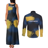 Custom Camo Redfish Couples Matching Tank Maxi Dress and Long Sleeve Button Shirt with Colorful Fish Design, Yellow Splatter Pattern - Wonder Print Shop