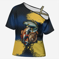 Custom Camo Redfish Cross Shoulder Shirt with Colorful Fish Design, Yellow Splatter Pattern - Wonder Print Shop