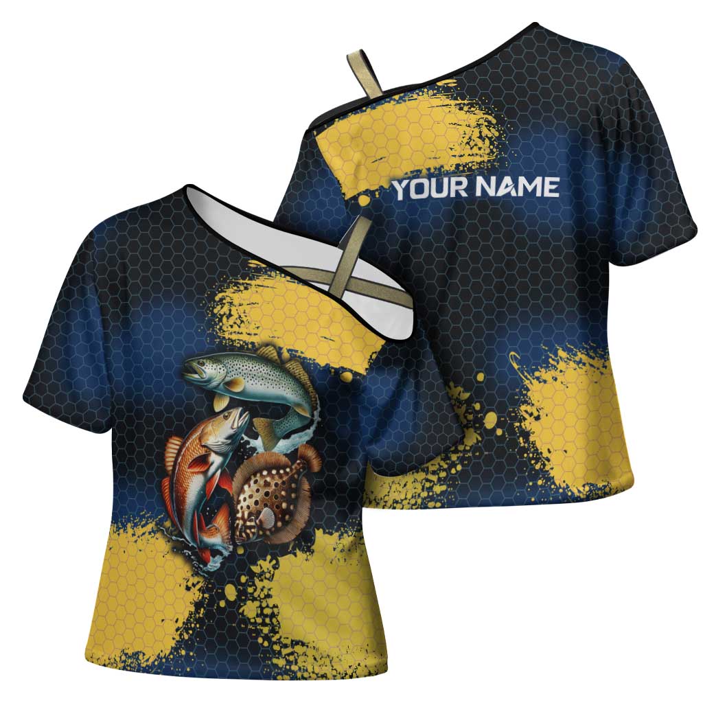 Custom Camo Redfish Cross Shoulder Shirt with Colorful Fish Design, Yellow Splatter Pattern - Wonder Print Shop