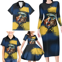 Custom Camo Redfish Family Matching Long Sleeve Bodycon Dress and Hawaiian Shirt with Colorful Fish Design, Yellow Splatter Pattern - Wonder Print Shop
