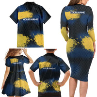 Custom Camo Redfish Family Matching Long Sleeve Bodycon Dress and Hawaiian Shirt with Colorful Fish Design, Yellow Splatter Pattern - Wonder Print Shop