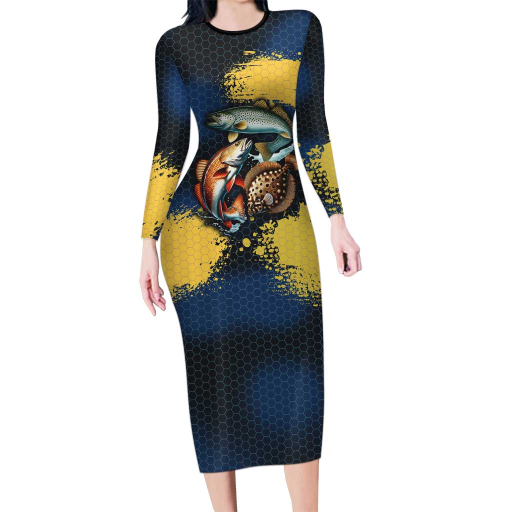 Custom Camo Redfish Family Matching Long Sleeve Bodycon Dress and Hawaiian Shirt with Colorful Fish Design, Yellow Splatter Pattern - Wonder Print Shop