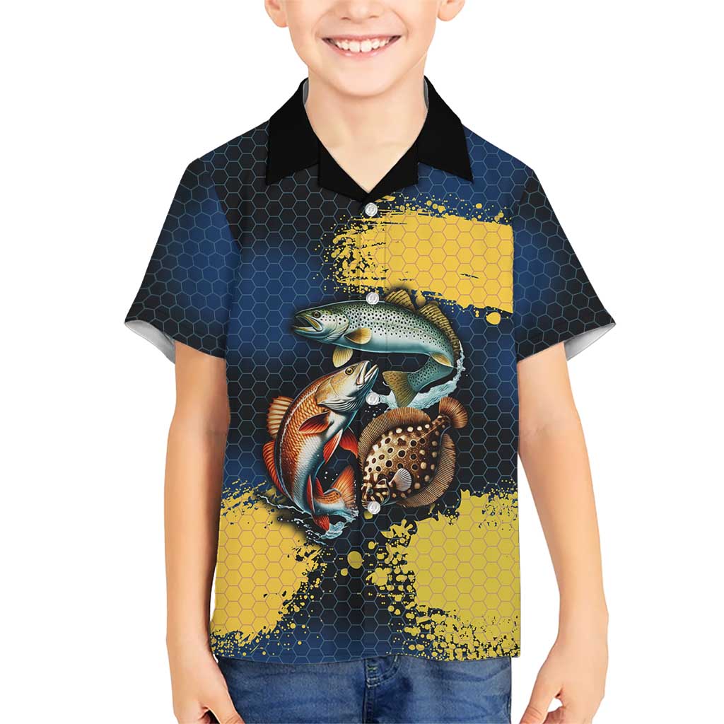 Custom Camo Redfish Family Matching Long Sleeve Bodycon Dress and Hawaiian Shirt with Colorful Fish Design, Yellow Splatter Pattern - Wonder Print Shop