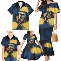 Custom Camo Redfish Family Matching Mermaid Dress and Hawaiian Shirt with Colorful Fish Design, Yellow Splatter Pattern - Wonder Print Shop