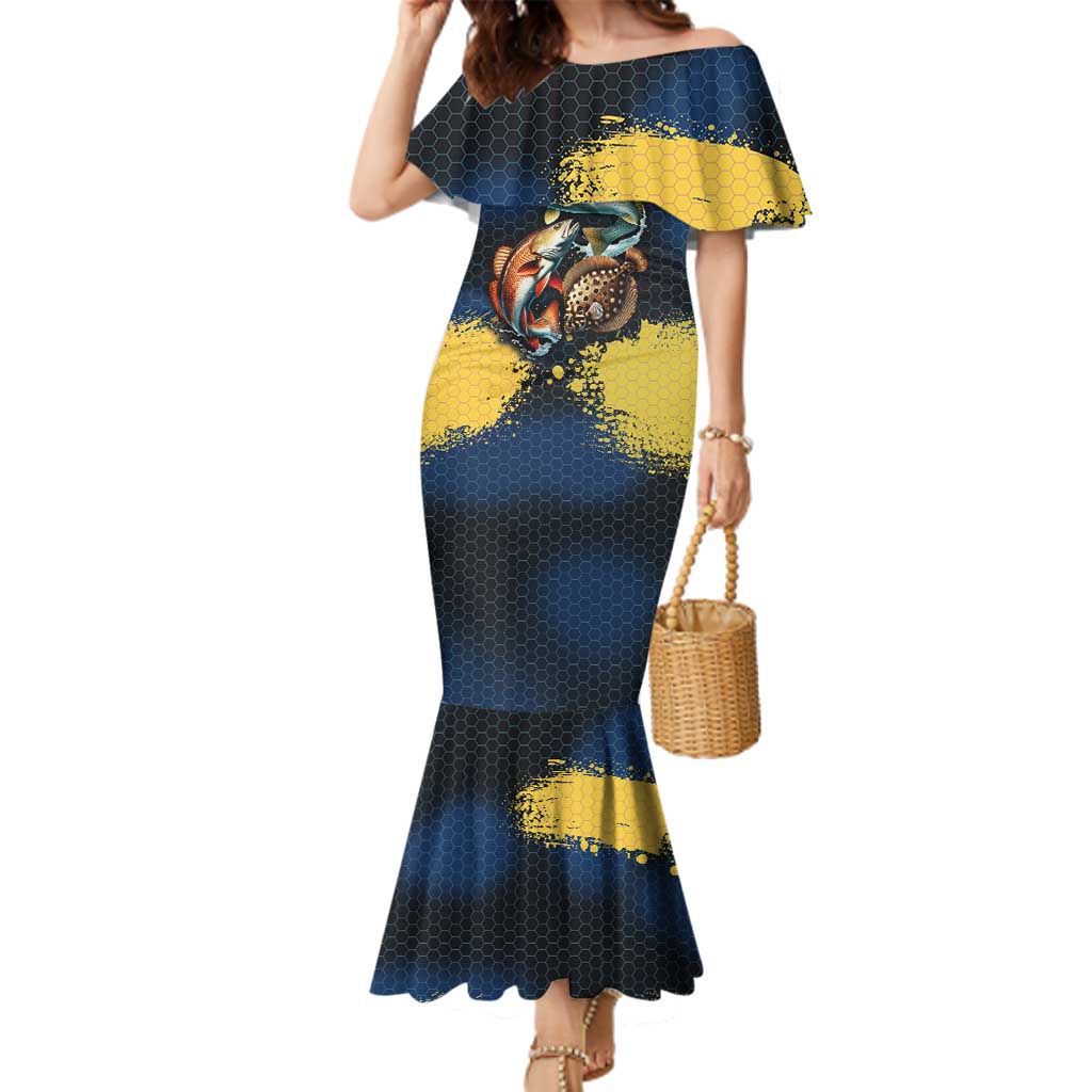 Custom Camo Redfish Family Matching Mermaid Dress and Hawaiian Shirt with Colorful Fish Design, Yellow Splatter Pattern - Wonder Print Shop