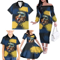 Custom Camo Redfish Family Matching Off The Shoulder Long Sleeve Dress and Hawaiian Shirt with Colorful Fish Design, Yellow Splatter Pattern - Wonder Print Shop