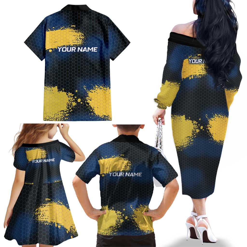 Custom Camo Redfish Family Matching Off The Shoulder Long Sleeve Dress and Hawaiian Shirt with Colorful Fish Design, Yellow Splatter Pattern - Wonder Print Shop