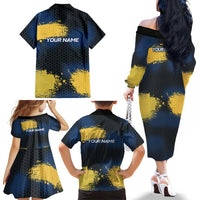 Custom Camo Redfish Family Matching Off The Shoulder Long Sleeve Dress and Hawaiian Shirt with Colorful Fish Design, Yellow Splatter Pattern - Wonder Print Shop
