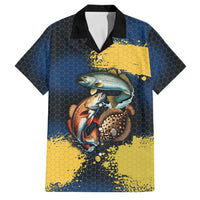 Custom Camo Redfish Family Matching Off The Shoulder Long Sleeve Dress and Hawaiian Shirt with Colorful Fish Design, Yellow Splatter Pattern - Wonder Print Shop