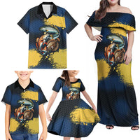 Custom Camo Redfish Family Matching Off Shoulder Maxi Dress and Hawaiian Shirt with Colorful Fish Design, Yellow Splatter Pattern - Wonder Print Shop