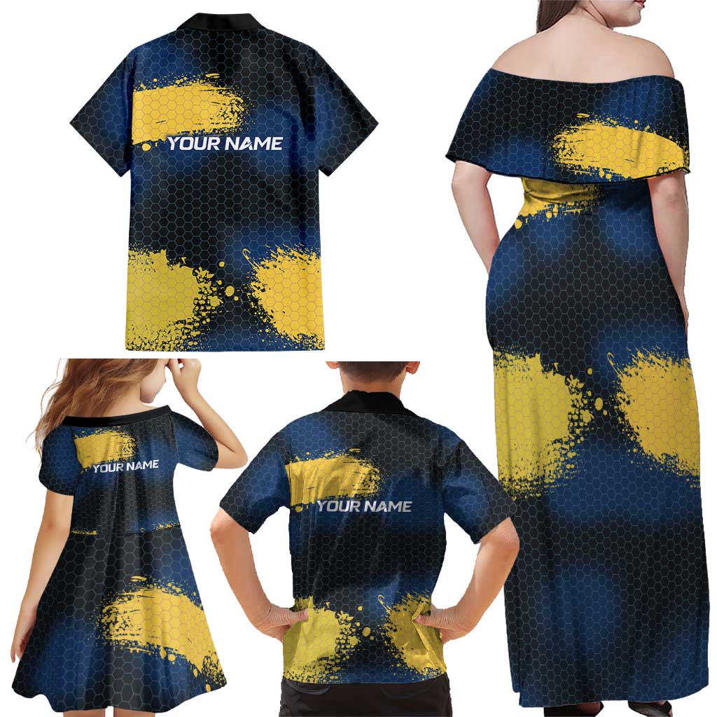Custom Camo Redfish Family Matching Off Shoulder Maxi Dress and Hawaiian Shirt with Colorful Fish Design, Yellow Splatter Pattern - Wonder Print Shop