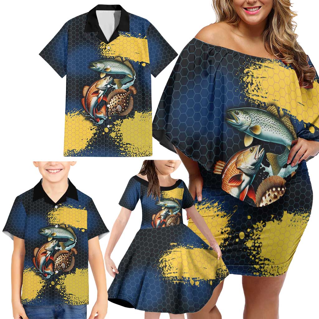Custom Camo Redfish Family Matching Off Shoulder Short Dress and Hawaiian Shirt with Colorful Fish Design, Yellow Splatter Pattern - Wonder Print Shop