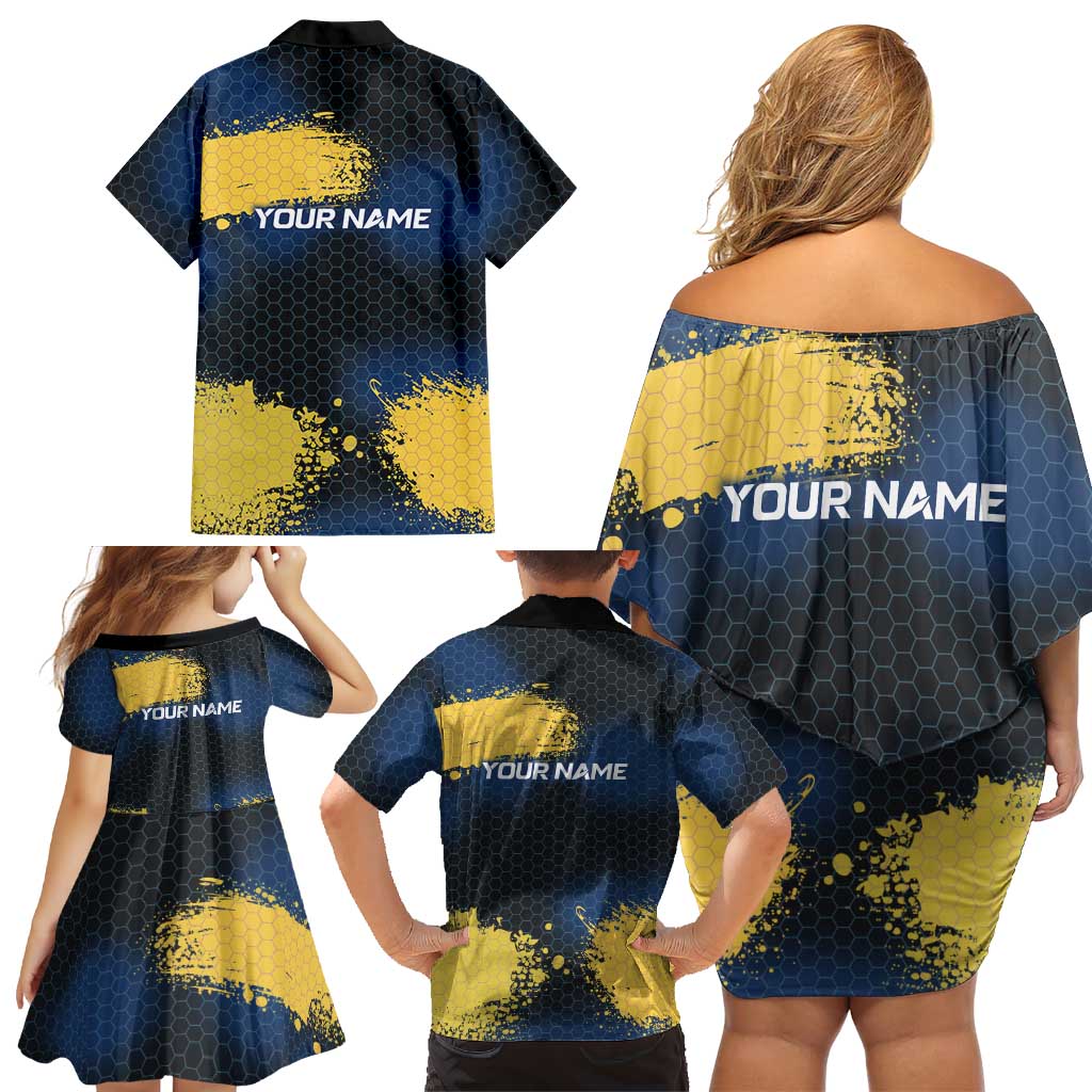 Custom Camo Redfish Family Matching Off Shoulder Short Dress and Hawaiian Shirt with Colorful Fish Design, Yellow Splatter Pattern - Wonder Print Shop