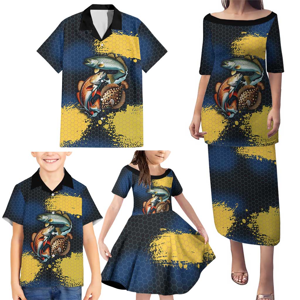Custom Camo Redfish Family Matching Puletasi and Hawaiian Shirt with Colorful Fish Design, Yellow Splatter Pattern - Wonder Print Shop