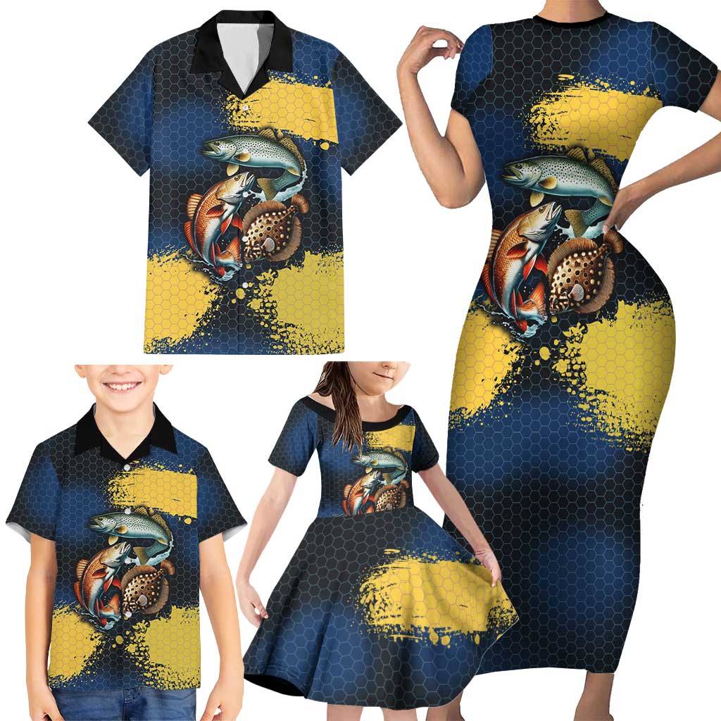 Custom Camo Redfish Family Matching Short Sleeve Bodycon Dress and Hawaiian Shirt with Colorful Fish Design, Yellow Splatter Pattern - Wonder Print Shop
