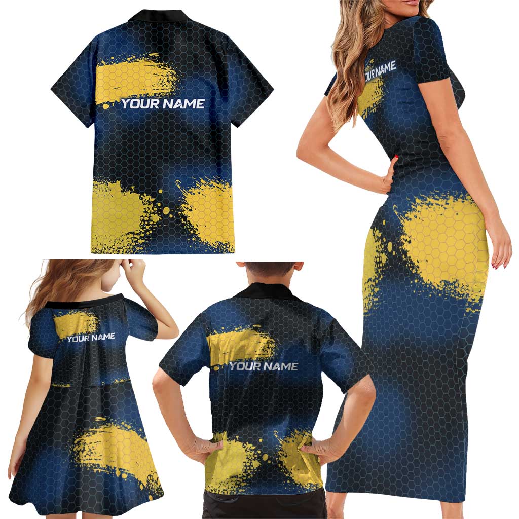 Custom Camo Redfish Family Matching Short Sleeve Bodycon Dress and Hawaiian Shirt with Colorful Fish Design, Yellow Splatter Pattern - Wonder Print Shop