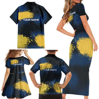 Custom Camo Redfish Family Matching Short Sleeve Bodycon Dress and Hawaiian Shirt with Colorful Fish Design, Yellow Splatter Pattern - Wonder Print Shop