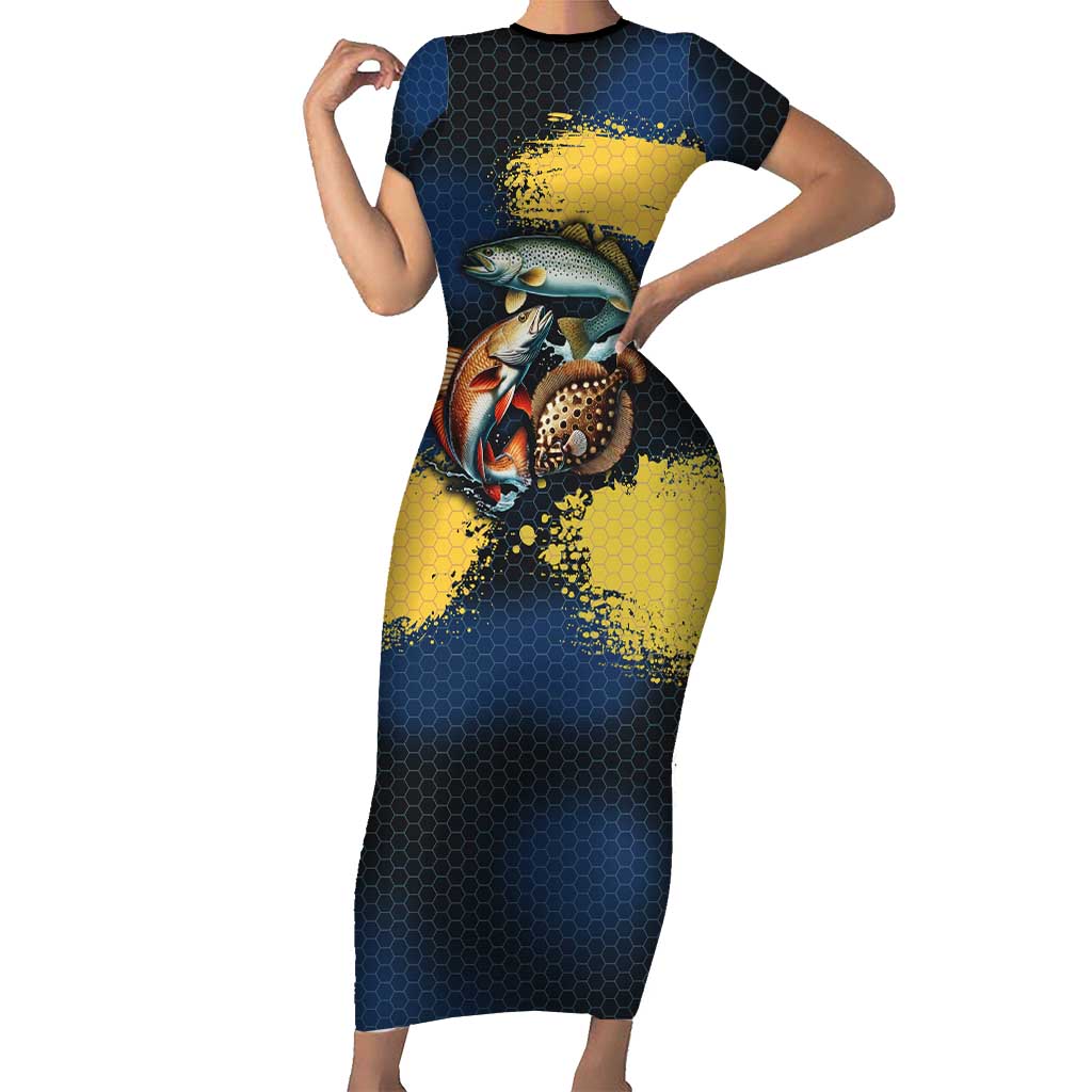 Custom Camo Redfish Family Matching Short Sleeve Bodycon Dress and Hawaiian Shirt with Colorful Fish Design, Yellow Splatter Pattern - Wonder Print Shop