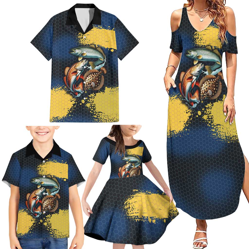 Custom Camo Redfish Family Matching Summer Maxi Dress and Hawaiian Shirt with Colorful Fish Design, Yellow Splatter Pattern - Wonder Print Shop