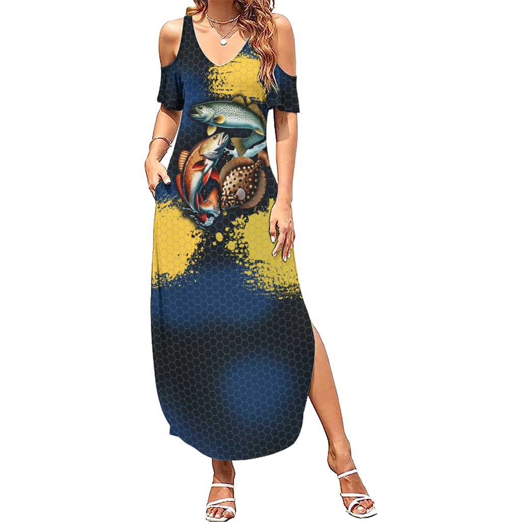 Custom Camo Redfish Family Matching Summer Maxi Dress and Hawaiian Shirt with Colorful Fish Design, Yellow Splatter Pattern - Wonder Print Shop