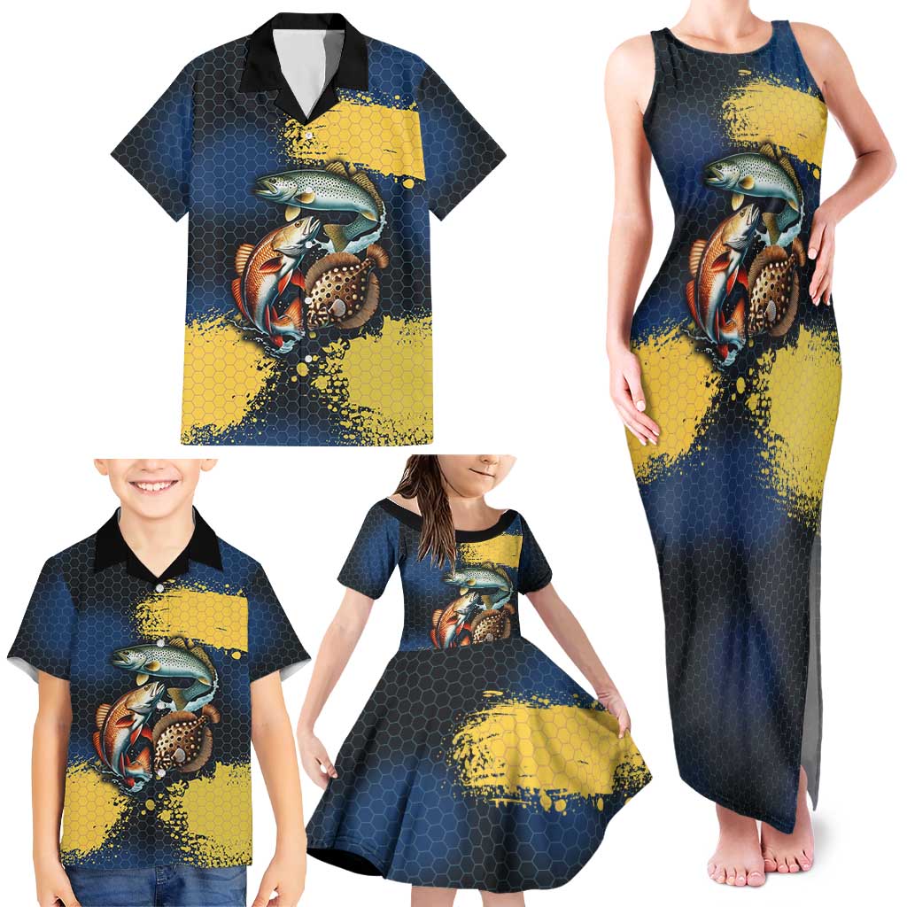 Custom Camo Redfish Family Matching Tank Maxi Dress and Hawaiian Shirt with Colorful Fish Design, Yellow Splatter Pattern - Wonder Print Shop