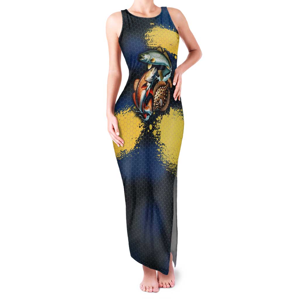 Custom Camo Redfish Family Matching Tank Maxi Dress and Hawaiian Shirt with Colorful Fish Design, Yellow Splatter Pattern - Wonder Print Shop