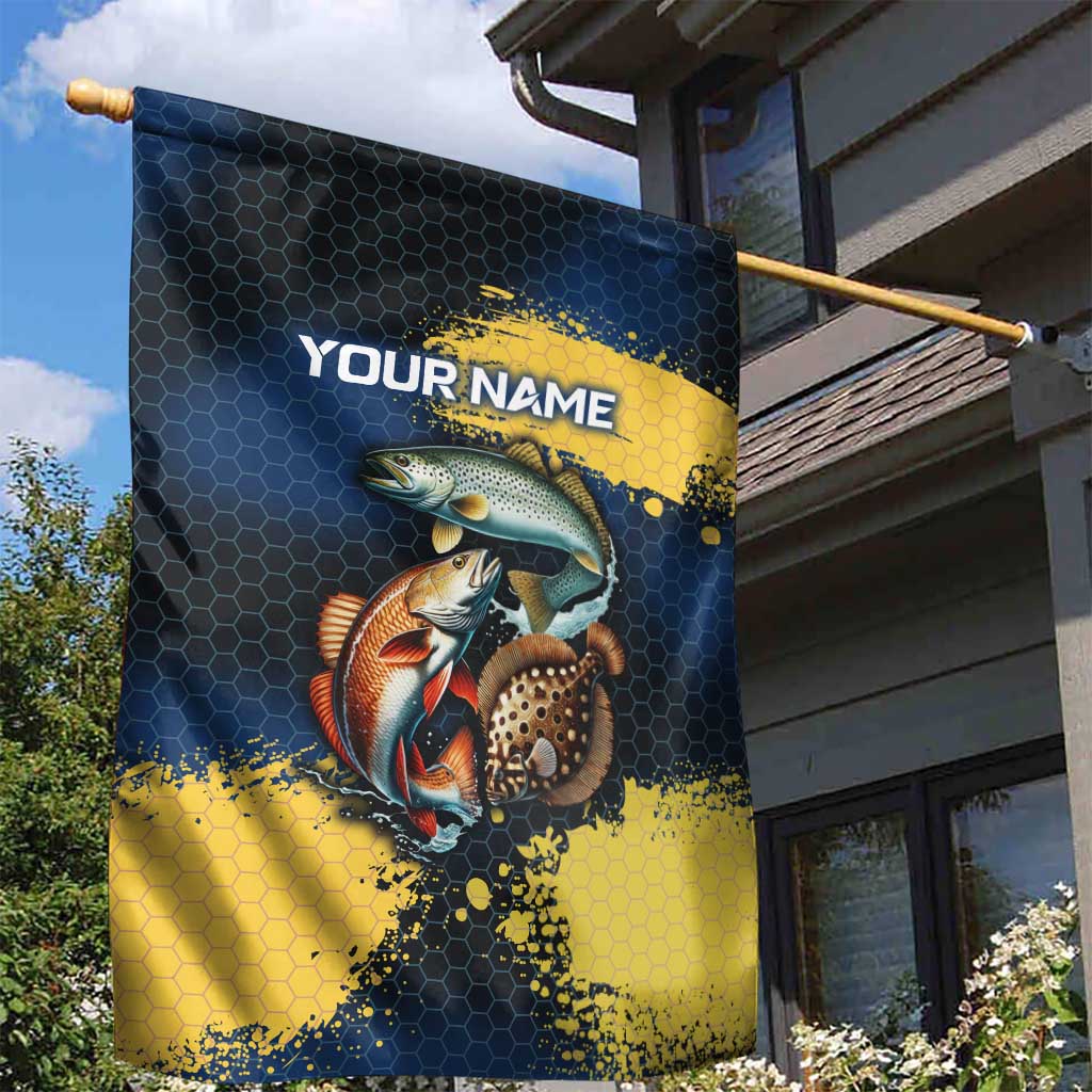 Custom Camo Redfish Garden Flag with Colorful Fish Design, Yellow Splatter Pattern - Wonder Print Shop