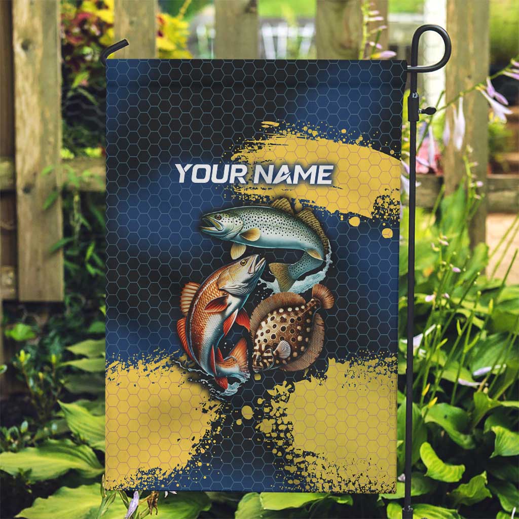 Custom Camo Redfish Garden Flag with Colorful Fish Design, Yellow Splatter Pattern - Wonder Print Shop