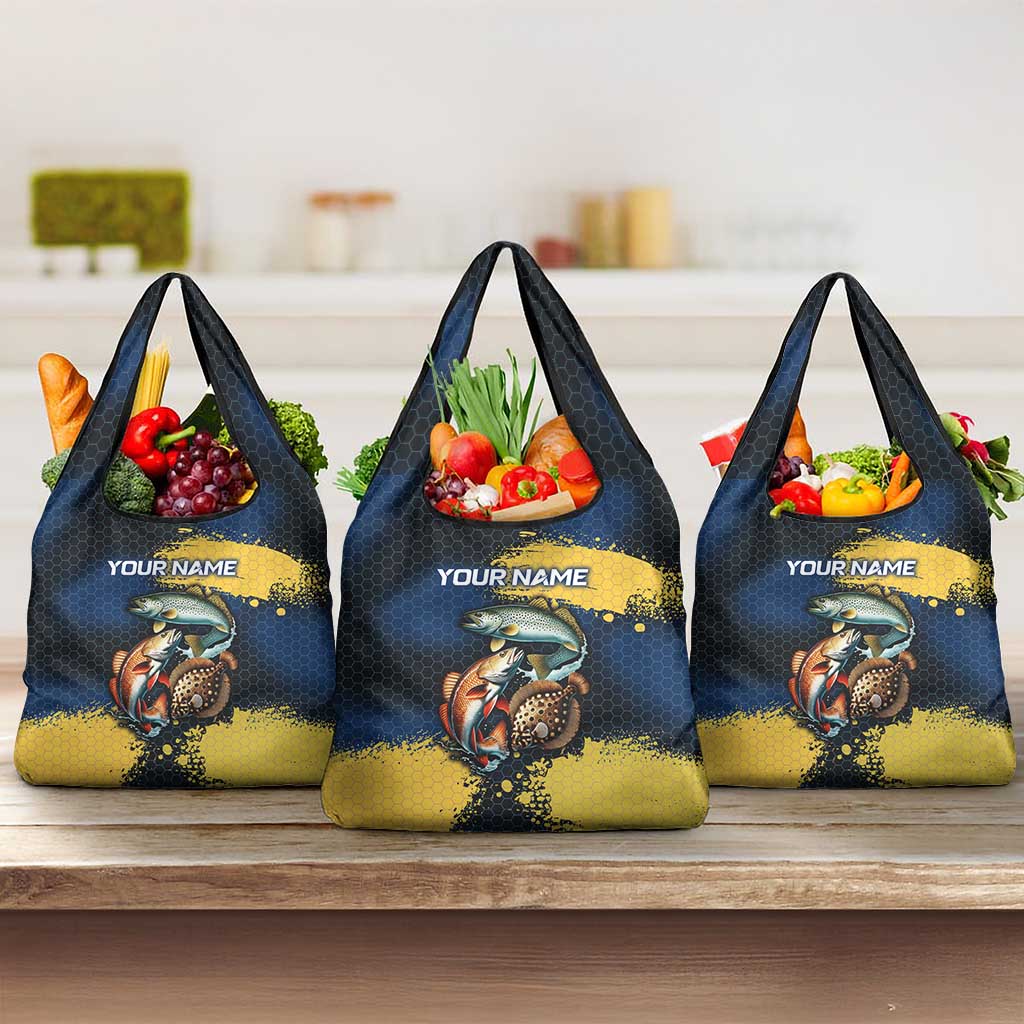 Custom Camo Redfish Grocery Bag with Colorful Fish Design, Yellow Splatter Pattern - Wonder Print Shop