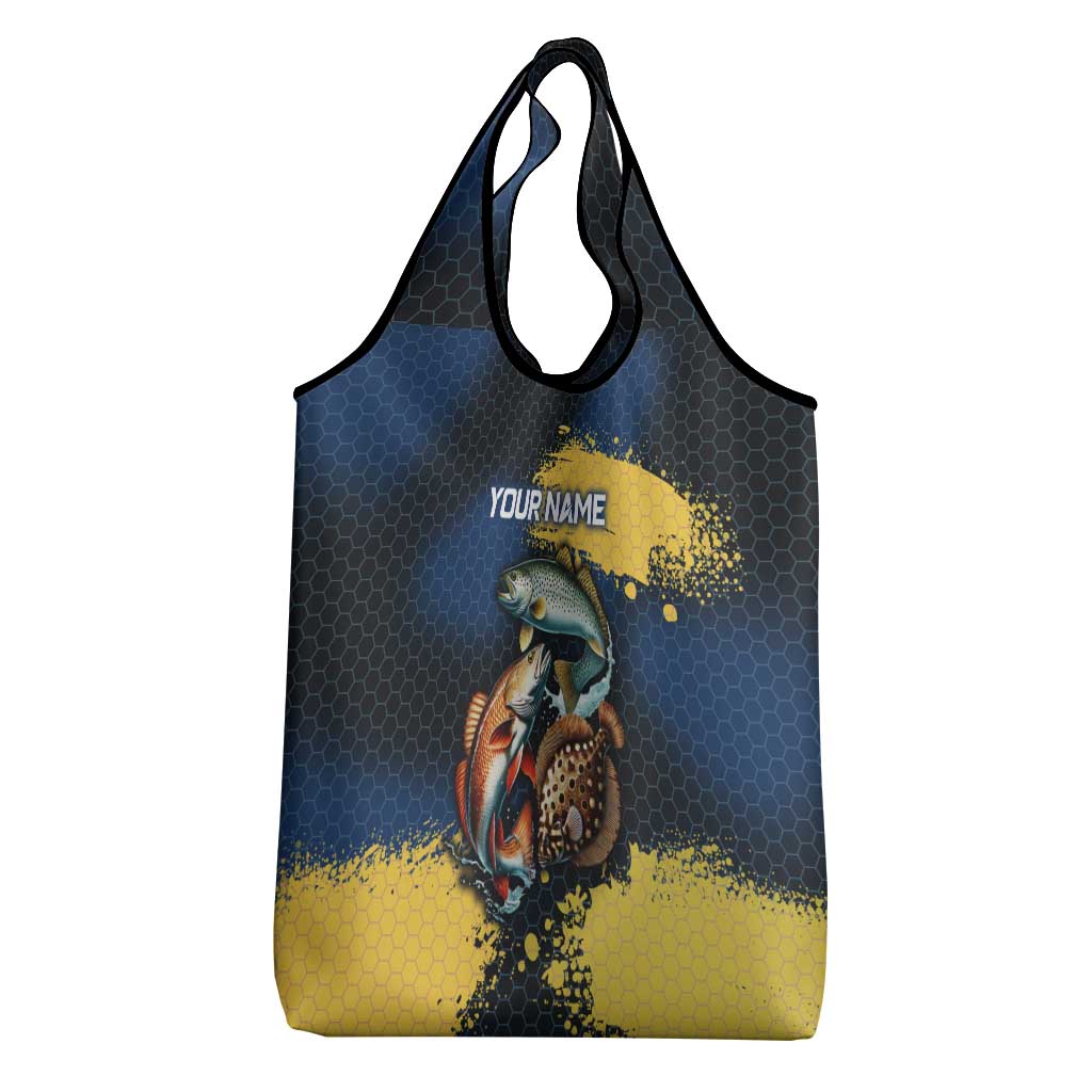 Custom Camo Redfish Grocery Bag with Colorful Fish Design, Yellow Splatter Pattern - Wonder Print Shop