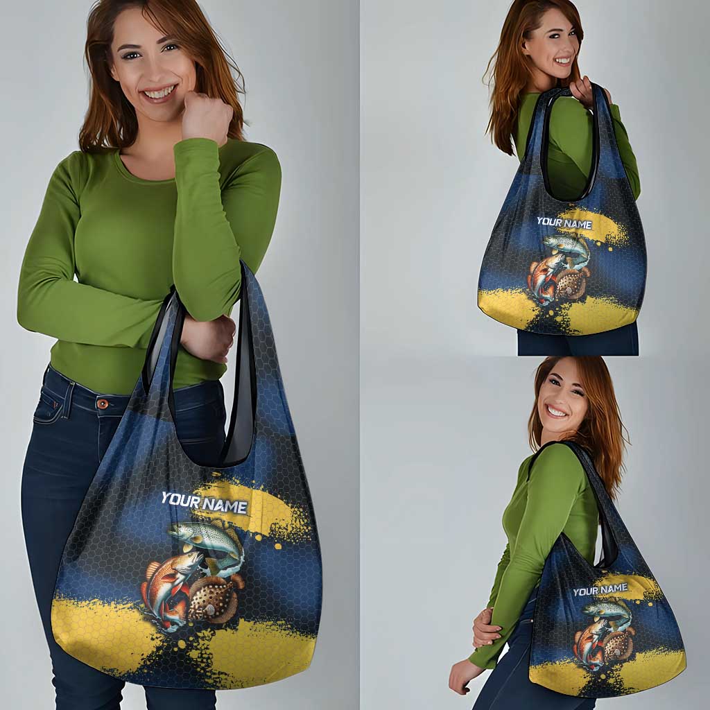 Custom Camo Redfish Grocery Bag with Colorful Fish Design, Yellow Splatter Pattern - Wonder Print Shop
