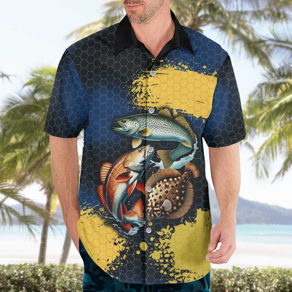 Custom Camo Redfish Hawaiian Shirt with Colorful Fish Design, Yellow Splatter Pattern - Wonder Print Shop