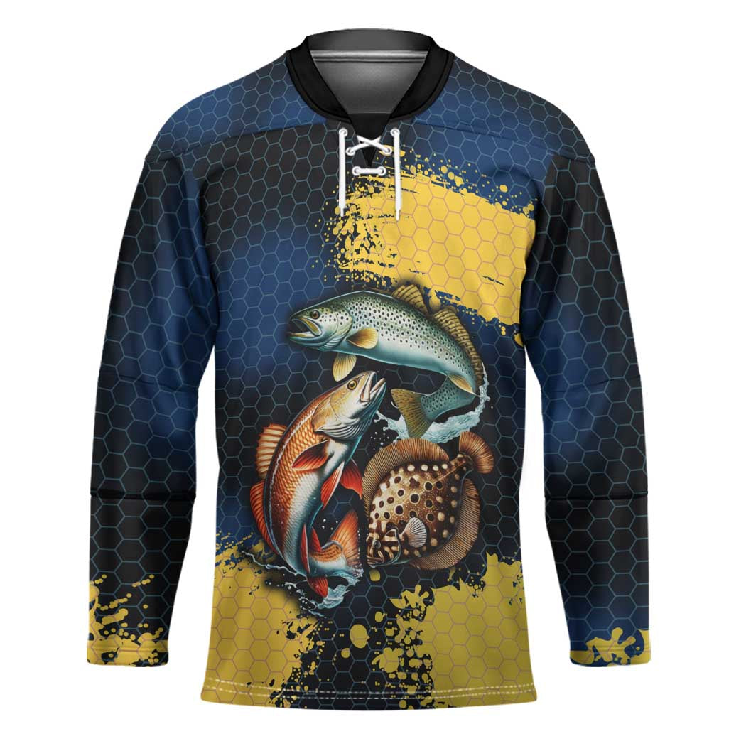 Custom Camo Redfish Hockey Jersey with Colorful Fish Design, Yellow Splatter Pattern - Wonder Print Shop