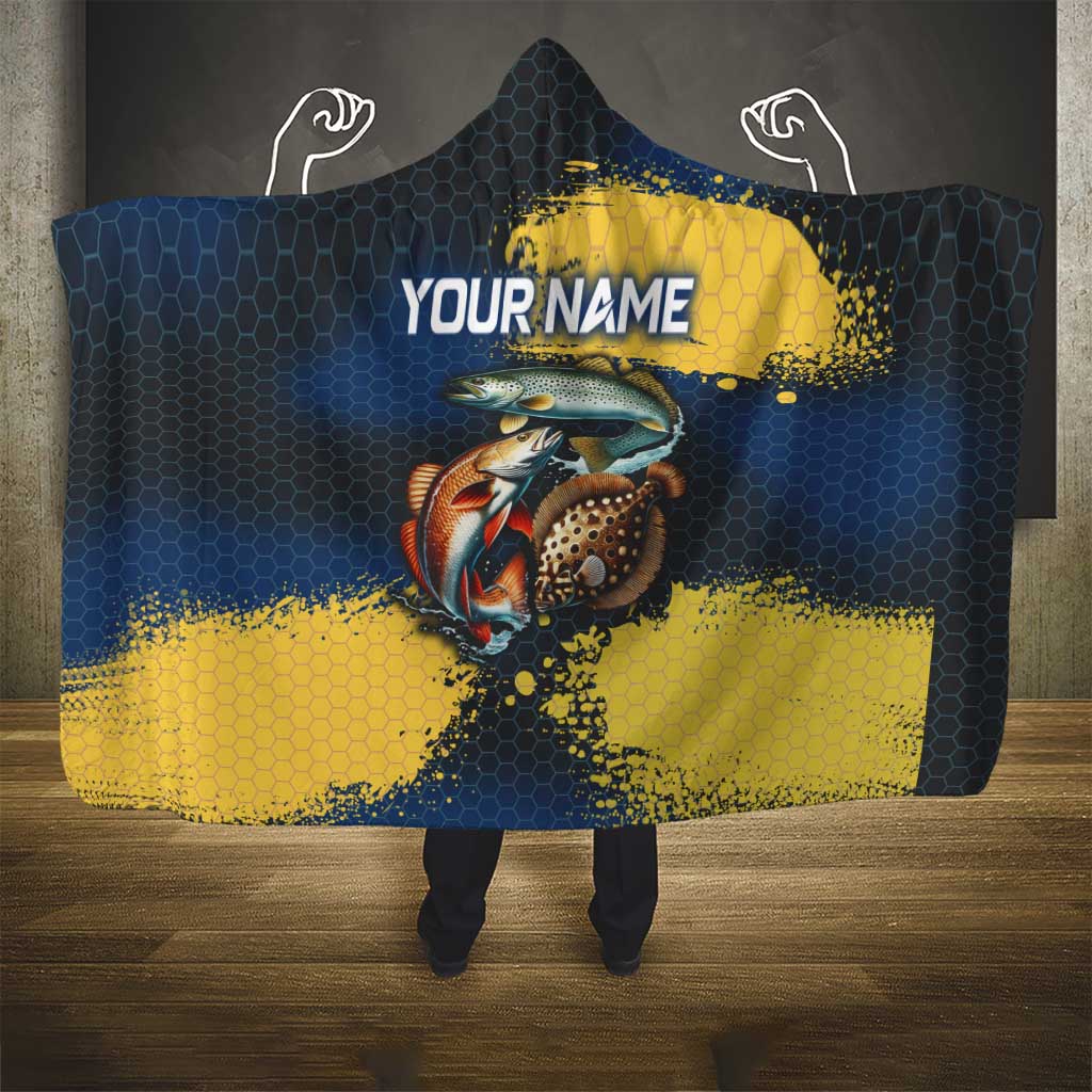 Custom Camo Redfish Hooded Blanket with Colorful Fish Design, Yellow Splatter Pattern - Wonder Print Shop