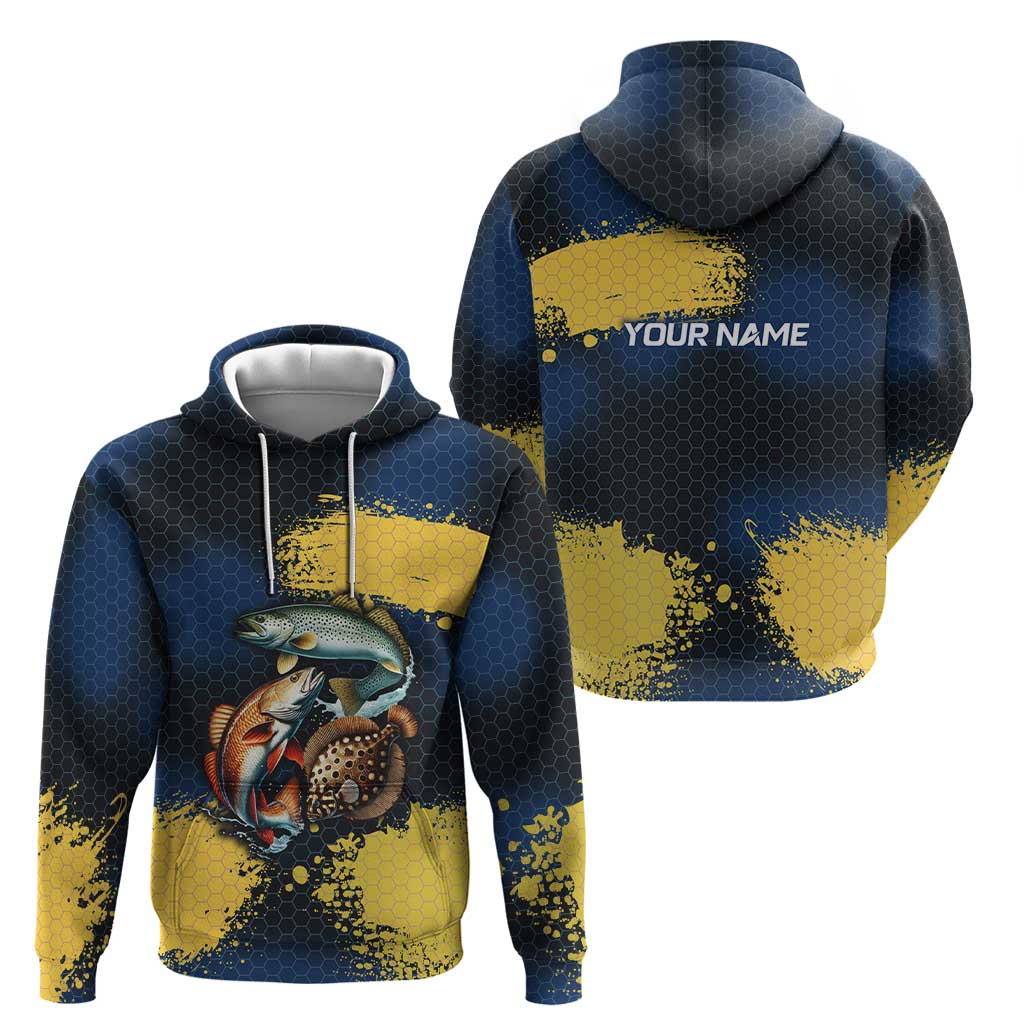 Custom Camo Redfish Hoodie with Colorful Fish Design, Yellow Splatter Pattern - Wonder Print Shop
