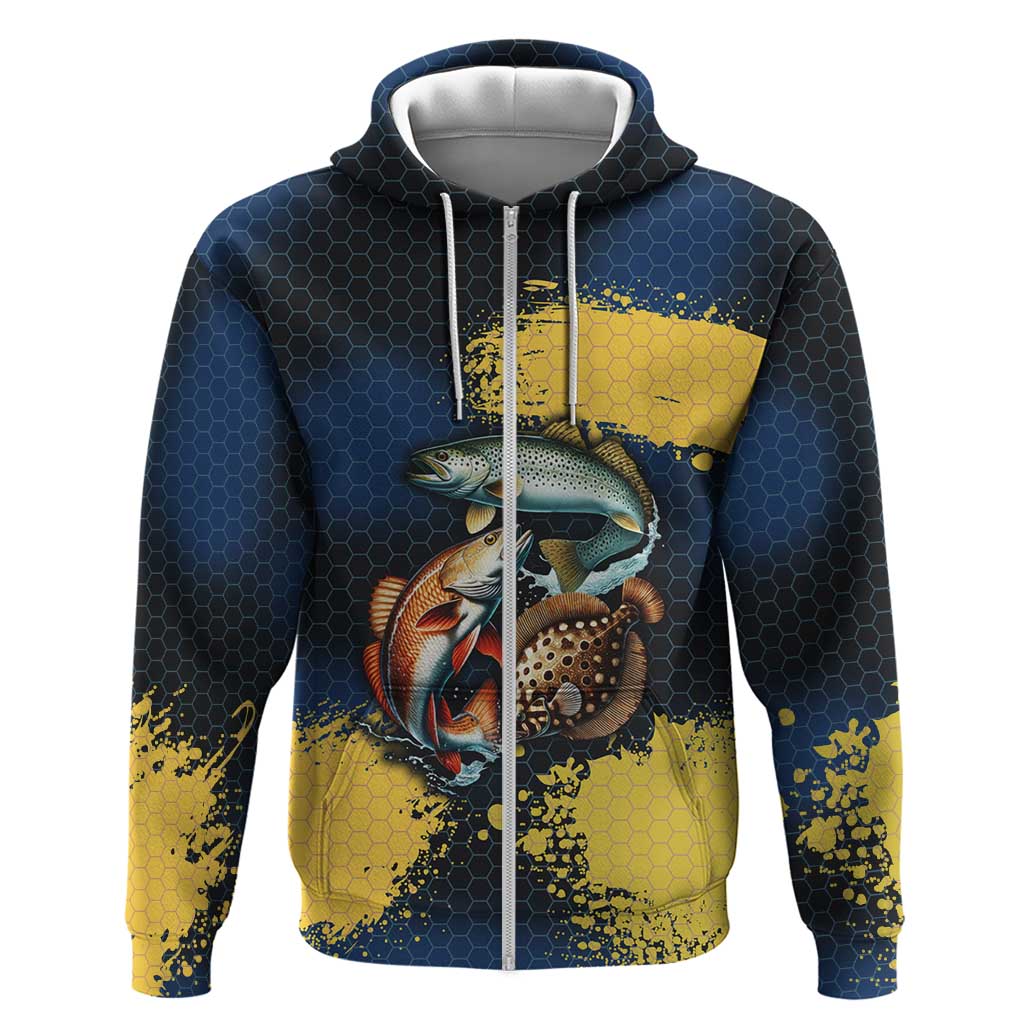Custom Camo Redfish Hoodie with Colorful Fish Design, Yellow Splatter Pattern - Wonder Print Shop