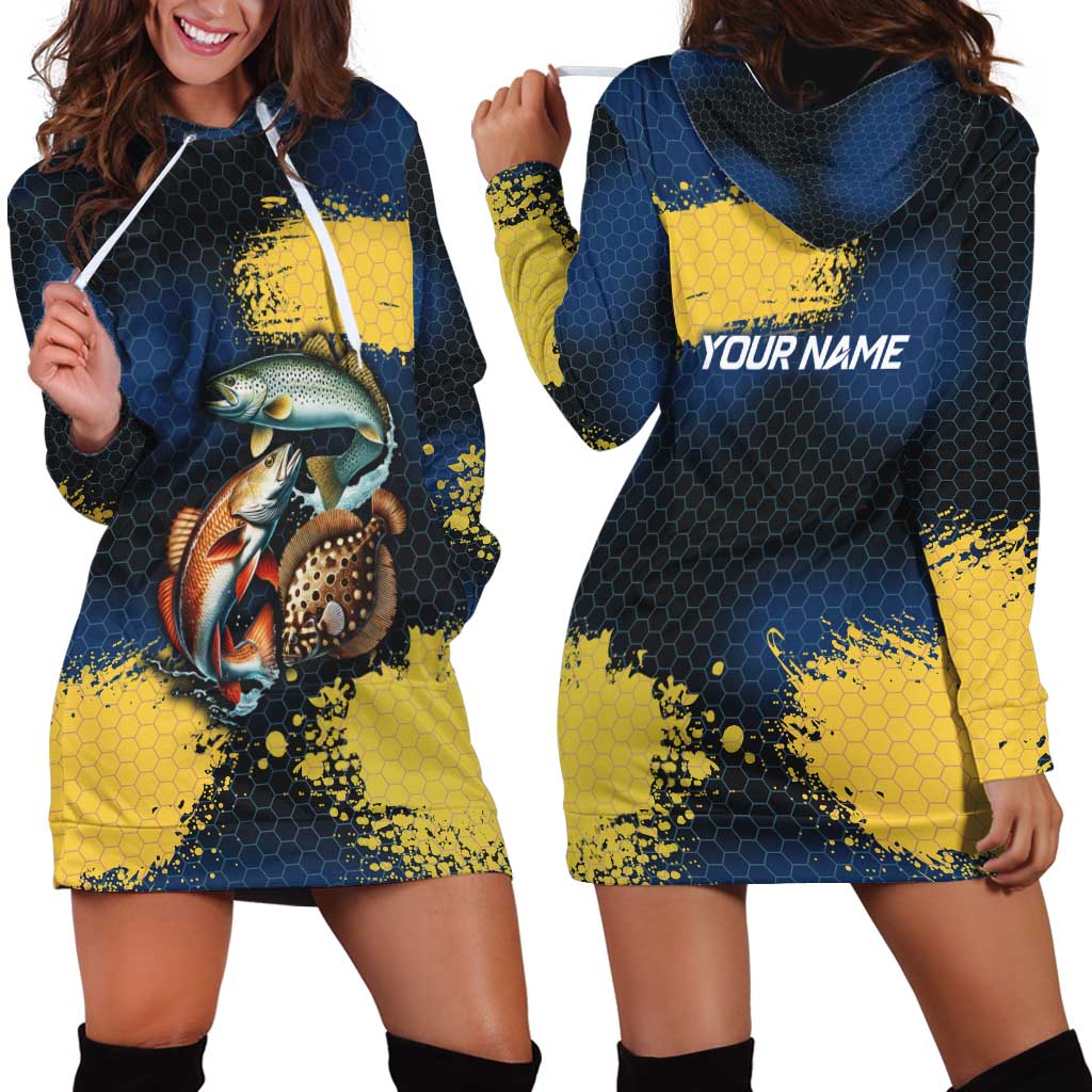 Custom Camo Redfish Hoodie Dress with Colorful Fish Design, Yellow Splatter Pattern - Wonder Print Shop