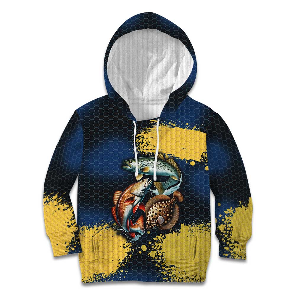 Custom Camo Redfish Kid Hoodie with Colorful Fish Design, Yellow Splatter Pattern - Wonder Print Shop