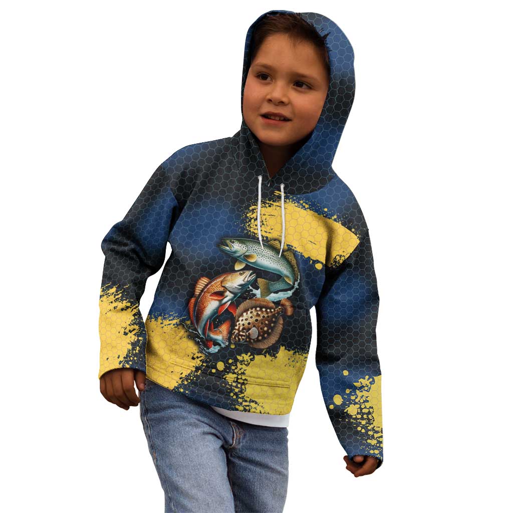 Custom Camo Redfish Kid Hoodie with Colorful Fish Design, Yellow Splatter Pattern - Wonder Print Shop