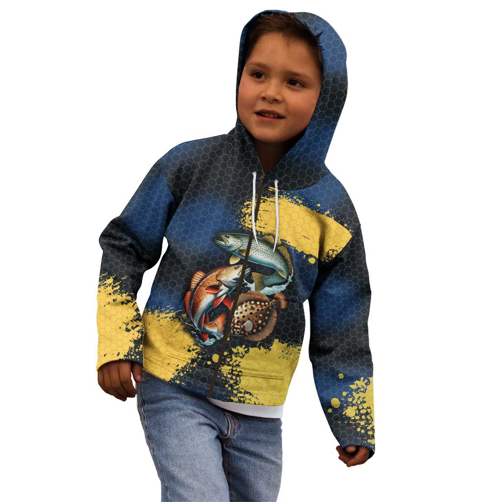 Custom Camo Redfish Kid Hoodie with Colorful Fish Design, Yellow Splatter Pattern - Wonder Print Shop