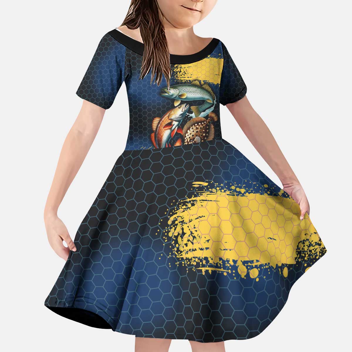 Custom Camo Redfish Kid Short Sleeve Dress with Colorful Fish Design, Yellow Splatter Pattern - Wonder Print Shop