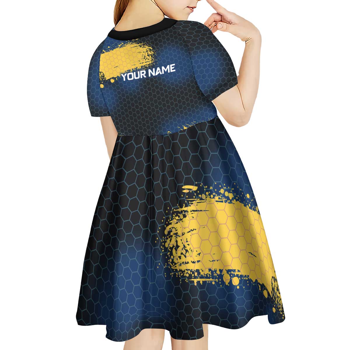 Custom Camo Redfish Kid Short Sleeve Dress with Colorful Fish Design, Yellow Splatter Pattern - Wonder Print Shop