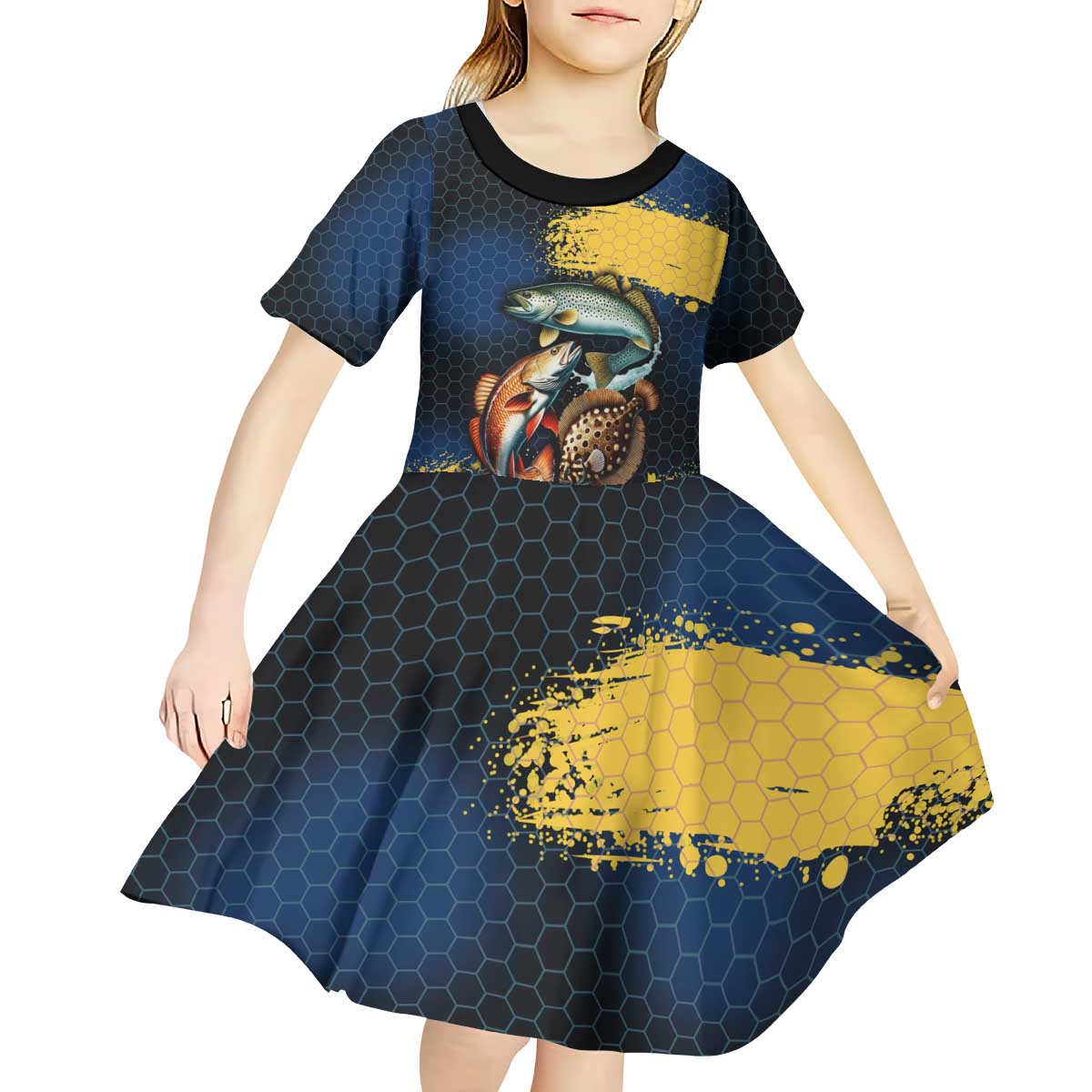 Custom Camo Redfish Kid Short Sleeve Dress with Colorful Fish Design, Yellow Splatter Pattern - Wonder Print Shop