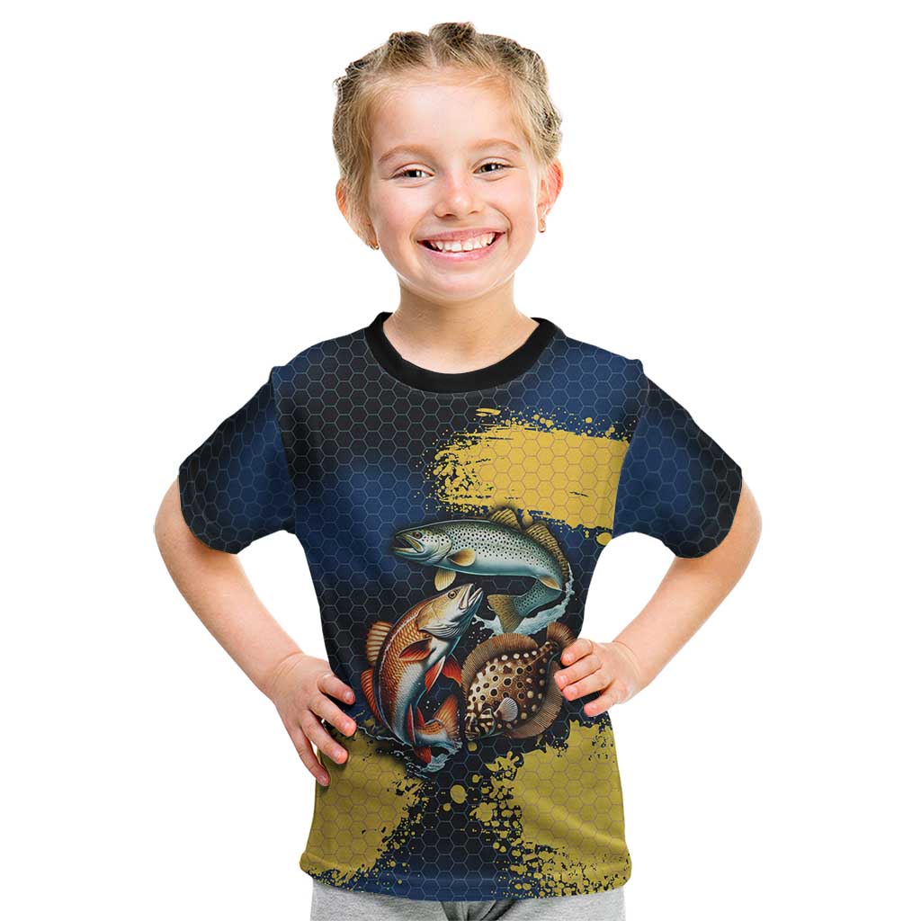 Custom Camo Redfish Kid T Shirt with Colorful Fish Design, Yellow Splatter Pattern - Wonder Print Shop