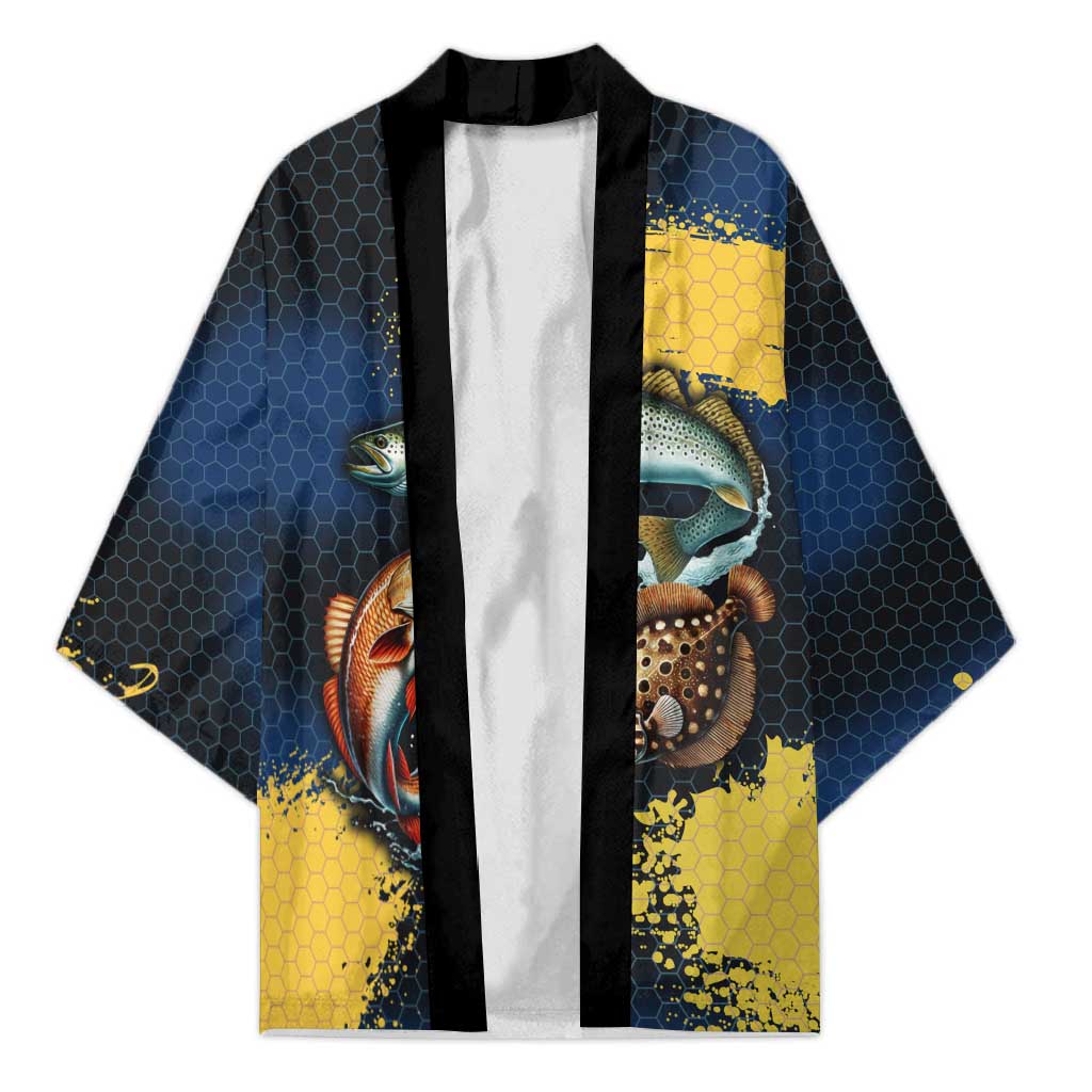 Custom Camo Redfish Kimono with Colorful Fish Design, Yellow Splatter Pattern - Wonder Print Shop