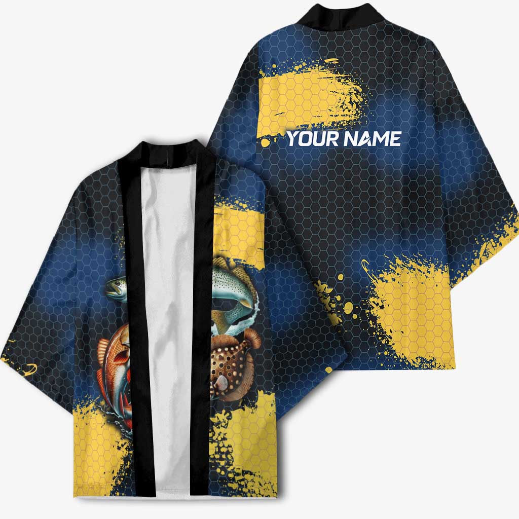 Custom Camo Redfish Kimono with Colorful Fish Design, Yellow Splatter Pattern - Wonder Print Shop